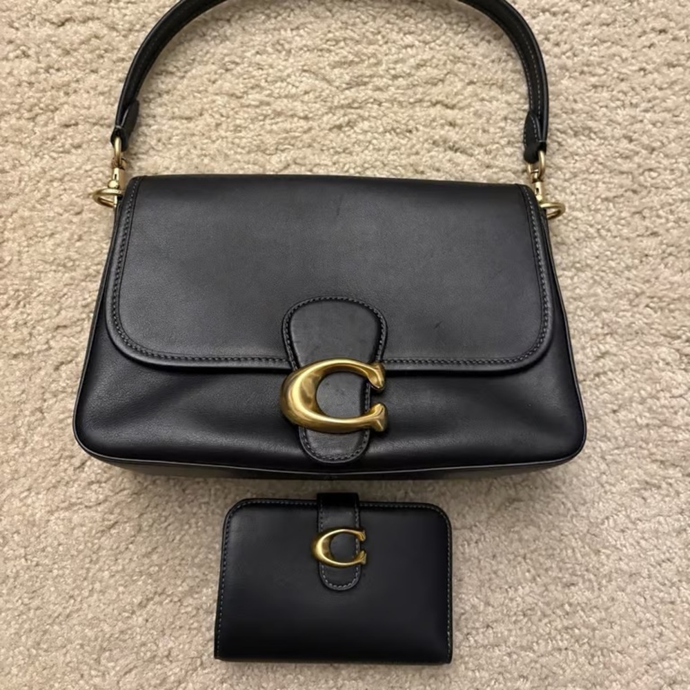 Coach Black Leather Shoulder Bag with Gold 'C' Accent and Matching Wallet